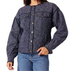 JOIE Womens Navy Pocketed Lined Collarless Cuffed Button Down Jacket Sz 12 NWT